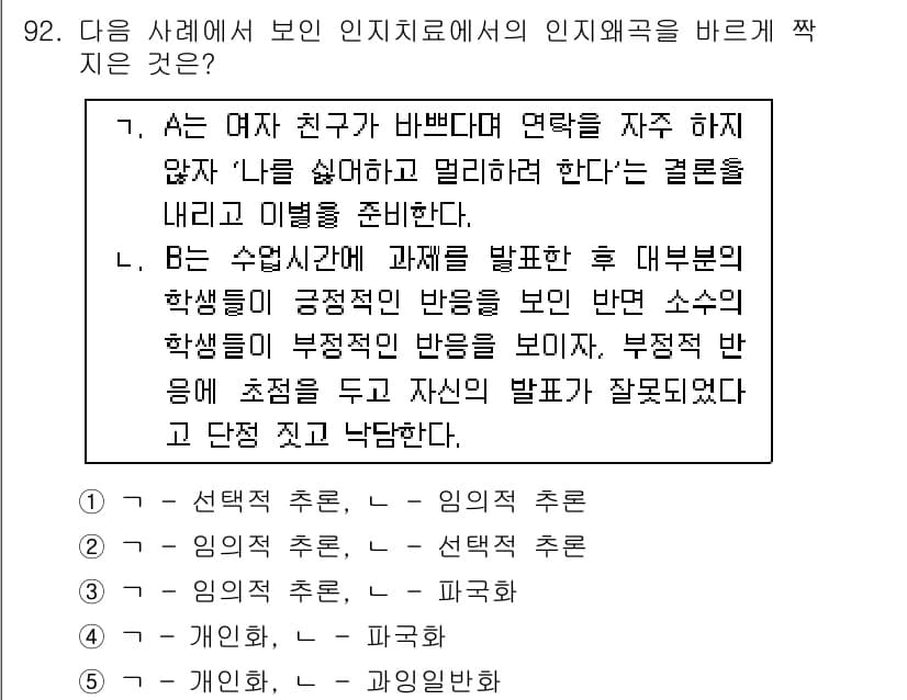 청소년상담사_3급(1교시) 2019년 92번 - 정답은 2번, 임의의 추론입니다. 문제의 상황에서 학생의 부정적 반응은 ... 에 관한 핵심 기출문제