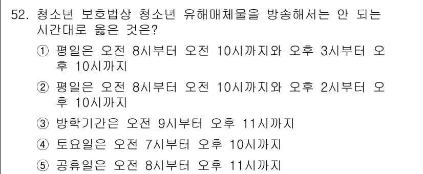청소년상담사_3급(2교시)(구) 2015년 52번 - 청소년 보호법에 따르면 청소년 유해매체물의 방송 시간 제한이 있으며, 평... 에 관한 핵심 기출문제