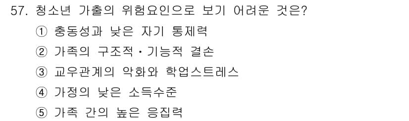청소년상담사_3급(2교시) 2015년 57번 - 청소년 가출의 위험 요인으로 보기 어려운 것은 '가족 간의 높은 응집력'... 에 관한 핵심 기출문제