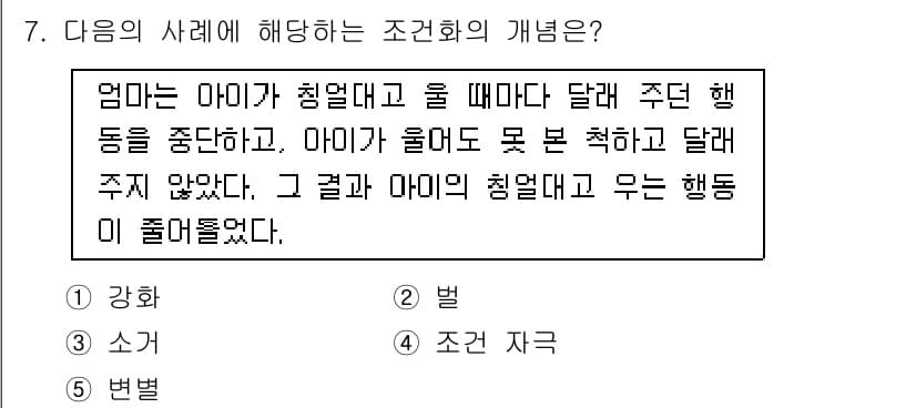 청소년상담사_3급(2교시) 2015년 7번 - 정답은 3번 "조건 자극"이다. 이는 아이의 행동에 대한 긍정적인 강화가... 에 관한 핵심 기출문제