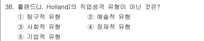 청소년상담사_3급(2교시)(구) 2016년 38번 - 홀랜드의 직업 성격 유형에는 탐구적, 예술적, 사회적, 기업적 유형이 포... 에 관한 핵심 기출문제