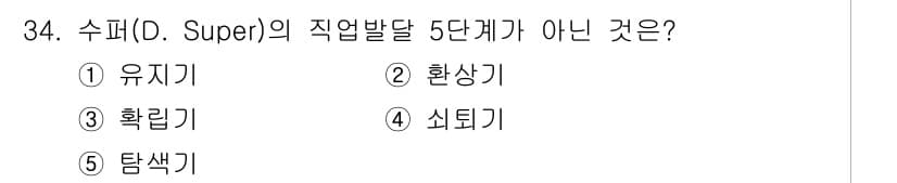 청소년상담사_3급(2교시) 2016년 34번 - 수퍼(O. Super)의 직업발달 이론에서는 직업발달 단계를 5단계로 나... 에 관한 핵심 기출문제