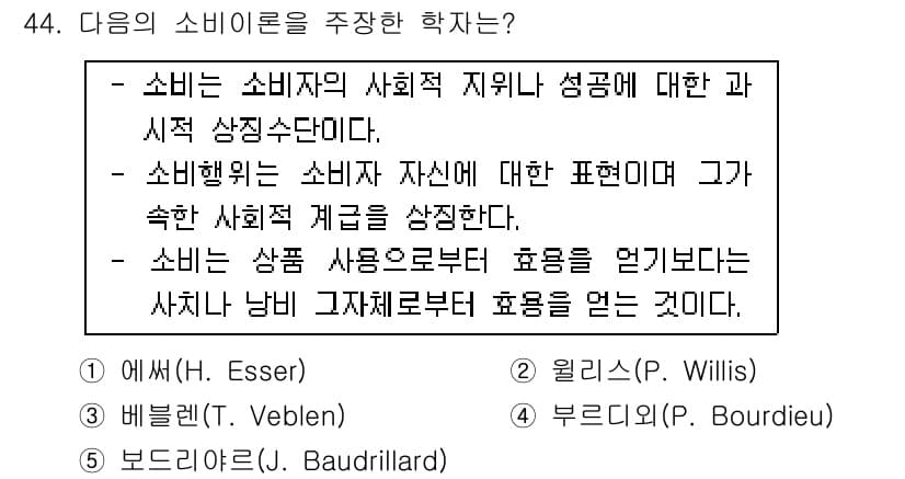 청소년상담사_3급(2교시) 2016년 44번 - 정답은 3번, 부르디외(P. Bourdieu)입니다. 부르디외는 소비가 ... 에 관한 핵심 기출문제