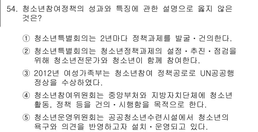 청소년상담사_3급(2교시) 2017년 54번 - 청소년참여정책의 성공과 특징에 대한 설명 중 잘못된 것은 2012년 여학... 에 관한 핵심 기출문제