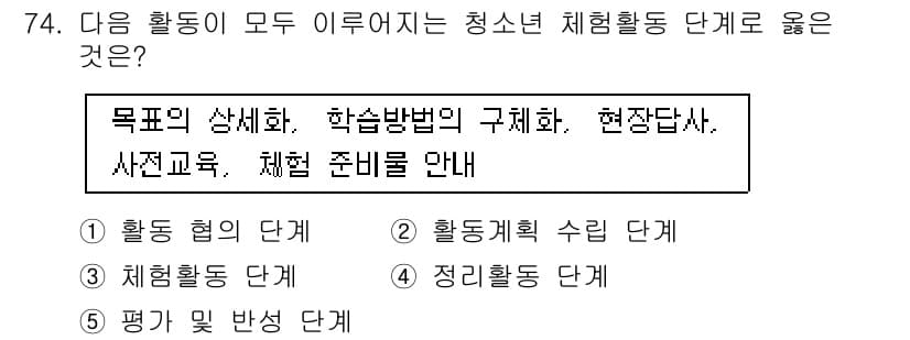 청소년상담사_3급(2교시)(구) 2018년 74번 - 정답 2번 '활동계획 수립 단계'가 맞는 이유는, 청소년 상담의 체험 활... 에 관한 핵심 기출문제