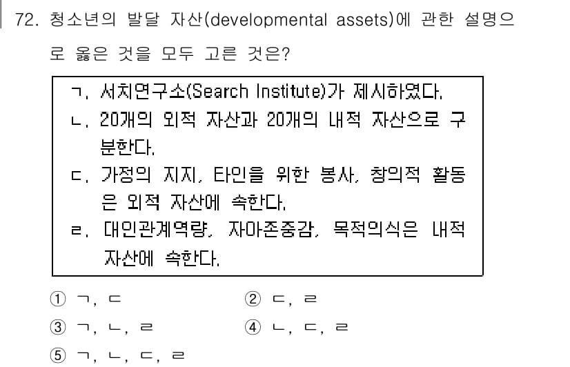 청소년상담사_3급(2교시) 2018년 72번 - 청소년의 발달 자산은 외부 자원(친사회적 환경)과 내부 자원(개인적 특성... 에 관한 핵심 기출문제