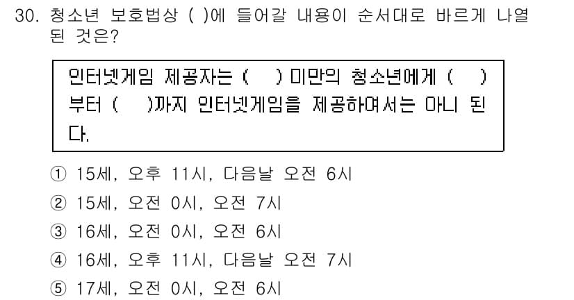 청소년상담사_3급(2교시) 2019년 30번 - . 

해설: 청소년 보호법에 따르면, 청소년에게 온라인 게임을 제공할 ... 에 관한 핵심 기출문제