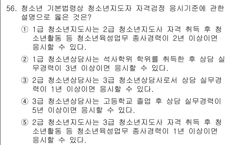청소년상담사_3급(2교시) 2019년 56번 - 청소년 기본법상 청소년지도자 자격 취득 인정 기준은 청소년 관련 경험과 ... 에 관한 핵심 기출문제