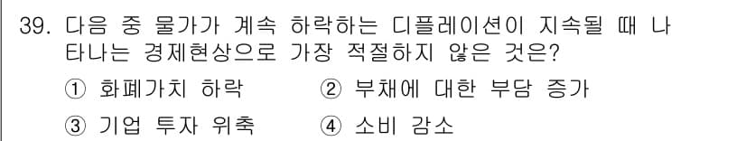 비서_2급 2019년 39번 - . 화폐가치 하락은 디플레이션 환경에서 발생하지 않습니다. 디플레이션은 ... 에 관한 핵심 기출문제