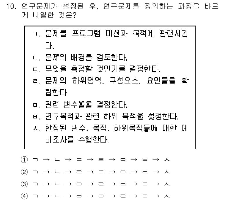 사회조사분석사_2급 2019년 10번 - 문제는 연구문제를 설정한 후 연구 목표를 정하는 과정을 묻고 있습니다. ... 에 관한 핵심 기출문제