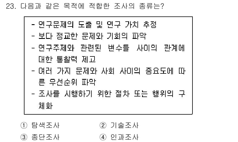 사회조사분석사_2급 2019년 23번 - 정답과 핵심 포인트를 검수 중인 기출문제
