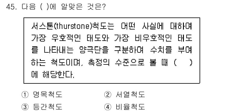 사회조사분석사_2급 2019년 45번 - 서스턴(Thurstone) 척도는 특정 개념에 대한 태도를 측정하기 위해... 에 관한 핵심 기출문제