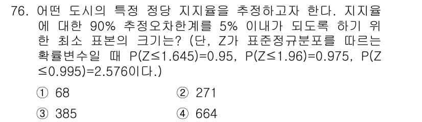 사회조사분석사_2급 2019년 76번 - 주어진 조건에서 신뢰구간의 추정에는 샘플 크기가 필요하다. 90% 신뢰수... 에 관한 핵심 기출문제