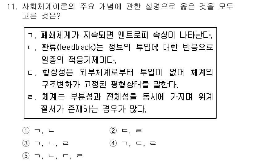 사회복지사_1급(1교시) 2019년 11번 - 정답 3번의 설명은 사회체계이론에서 시스템의 구조와 기능이 상호작용한다고... 에 관한 핵심 기출문제