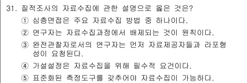 사회복지사_1급(1교시) 2019년 31번 - 질적 자료 수집은 심층면접 등의 방법으로 심도 있는 데이터를 얻기 위해 ... 에 관한 핵심 기출문제