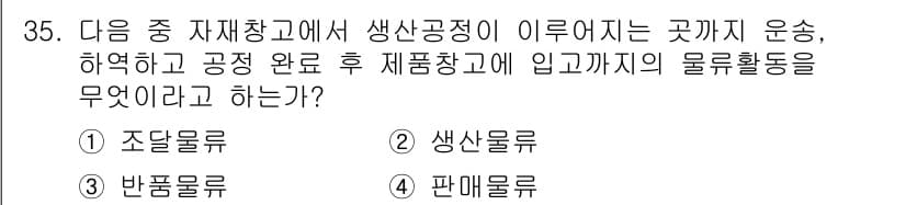 전자상거래운용사 2019년 35번 - . 

생산공정에서 자재창고로부터 제품이 입고되기까지의 물류활동은 주로 ... 에 관한 핵심 기출문제