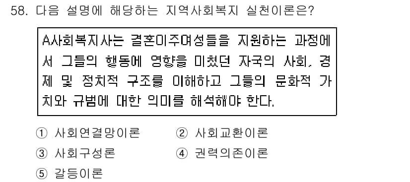 사회복지사_1급(2교시)(구) 2019년 58번 - 정답 3은 A 사회복지사는 결혼이주자들을 지원하며 이 과정에서 그들의 행... 에 관한 핵심 기출문제