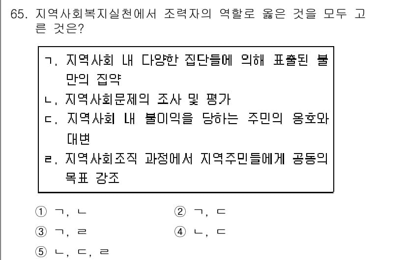 사회복지사_1급(2교시) 2019년 65번 - 정답 3번은 지역사회 복지 실천에서 조력자의 역할에 대한 내용을 포함하고... 에 관한 핵심 기출문제