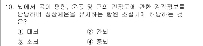 의공산업기사 2016년 10번 - 정답은 3번 소뇌입니다. 소뇌는 운동의 조정과 평형 유지에 중요한 역할을... 에 관한 핵심 기출문제