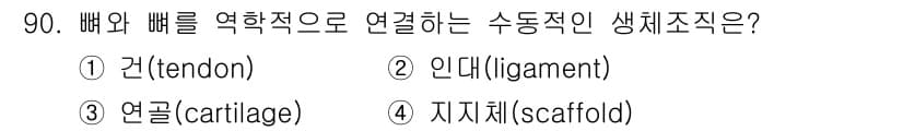 의공산업기사 2019년 90번 - 정답은 2번 인대(ligament)입니다. 인대는 뼈와 뼈를 연결하여 관... 에 관한 핵심 기출문제