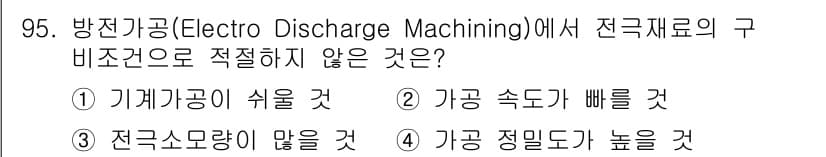 일반기계기사 2019년 95번 - 방전가공에서는 전극과 가공재료 간의 전류가 중요하며, 전류가 너무 많으면... 에 관한 핵심 기출문제