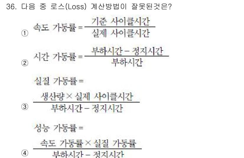 설비보전산업기사 2019년 36번 - 설명 가능성이 높은 주요 가동률(또는 실질 가동률)과 부하 시간을 정지 ... 에 관한 핵심 기출문제