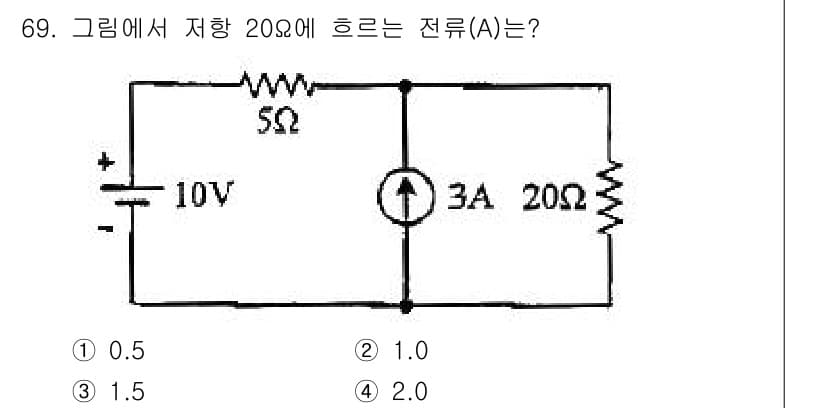 전기공사산업기사 2019년 69번 - 주어진 회로에서 5Ω 저항에 흐르는 전류를 먼저 계산해야 합니다. 옴의 ... 에 관한 핵심 기출문제