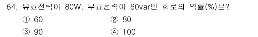 승강기기사 2019년 65번 - 유효전력은 80W이고 무효전력은 60VAR이다. 여기서 역률은 유효전력을... 에 관한 핵심 기출문제