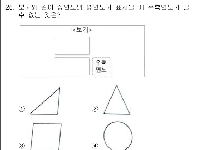 기계설계산업기사 2019년 26번 - 우측면도는 수직으로 보이는 부분을 나타내며, 해당 도형은 정면도와 평면도... 에 관한 핵심 기출문제
