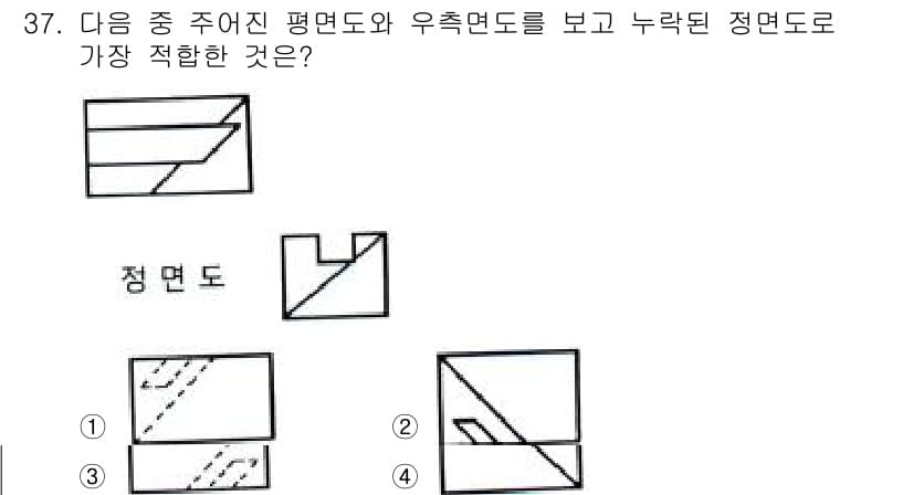 기계설계산업기사 2019년 37번 - 정답인 4번 도형은 주어진 평면도와 우측면도를 기반으로 위치와 각도가 정... 에 관한 핵심 기출문제