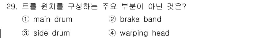 어로산업기사 2017년 29번 - 트롤 원치의 주요 구성 요소는 main drum, brake band, ... 에 관한 핵심 기출문제