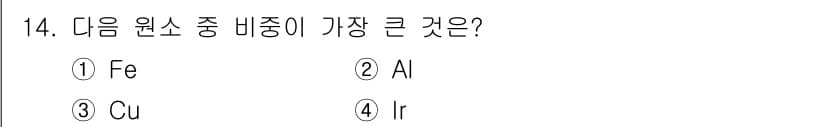 방사선비파괴검사산업기사 2018년 14번 - Iridium (Ir)은 주어진 원소 중에서 가장 높은 비중을 가지고 있... 에 관한 핵심 기출문제