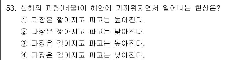 해양환경기사 2015년 53번 - 해양에서 파장이 낮아지는 경우 파장의 간섭과 물리적 현상으로 인해 에너지... 에 관한 핵심 기출문제