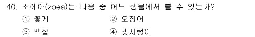 해양환경기사 2016년 40번 - . 조에아(zoea)는 갑각류의 유생 형태로, 주로 해양에서 발견됩니다.... 에 관한 핵심 기출문제