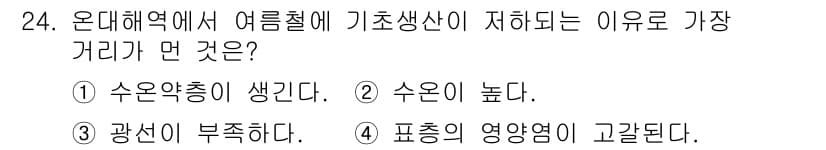 해양환경기사 2019년 24번 - . 광선이 부족하다.

여름철에 온대 해역에서 광합성 생물의 생산성이 저... 에 관한 핵심 기출문제
