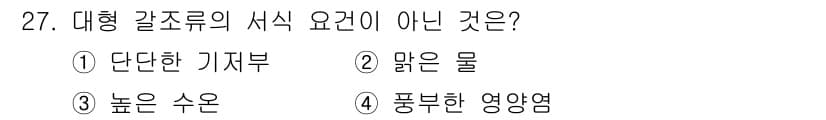 해양환경기사 2019년 27번 - 대형 갈조류의 서식 요건에 맞지 않는 것은 "푹부한 영양염"입니다. 대형... 에 관한 핵심 기출문제