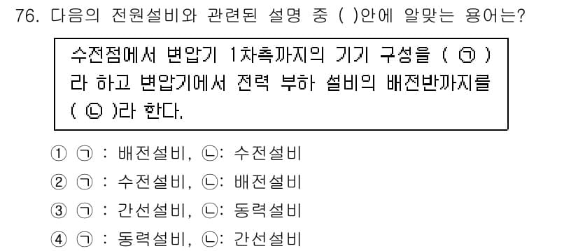 실내건축산업기사 2019년 76번 - 정답은 2번으로, 수전전에서 1차 까지의 기기 구성을 설명할 때 '수전설... 에 관한 핵심 기출문제