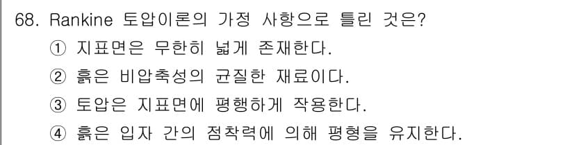 건설재료시험기사 2019년 72번 - Rankine 토압 이론에서 '가정'은 토압이 지표면에 무한히 넓게 존재... 에 관한 핵심 기출문제