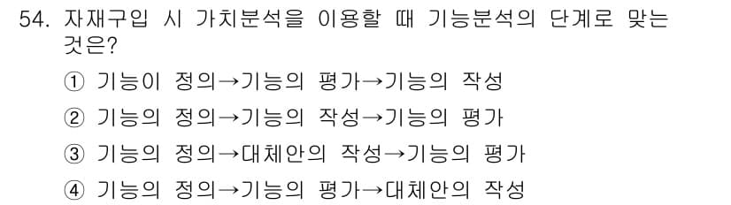 품질경영산업기사 2019년 54번 - 기능 분석에서 정은 기능의 정의와 평가를 통해 대체안의 작성을 진행하므로... 에 관한 핵심 기출문제