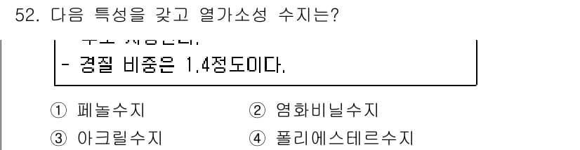 조경산업기사 2019년 53번 - 정답인 이유: 열가소성 수지는 가열하면 형태가 변할 수 있는 수지로, 경... 에 관한 핵심 기출문제