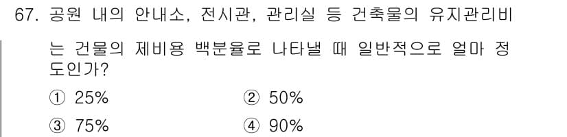조경산업기사 2019년 68번 - 공원 내의 안내소, 전시관, 관리실 등 건축물의 유지관리비는 일반적으로 ... 에 관한 핵심 기출문제