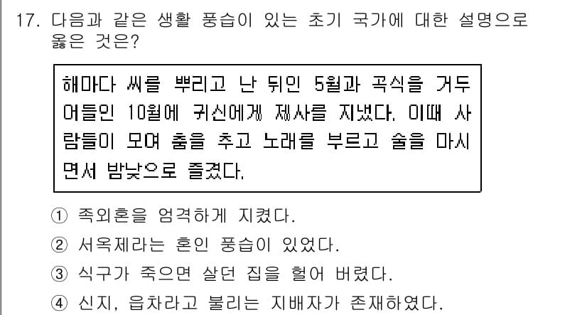 계리직공무원_한국사 2016년 17번 - 이 내용은 초기가 사람들끼리의 공동체 활동과 놀이 문화를 설명하고 있으며... 에 관한 핵심 기출문제