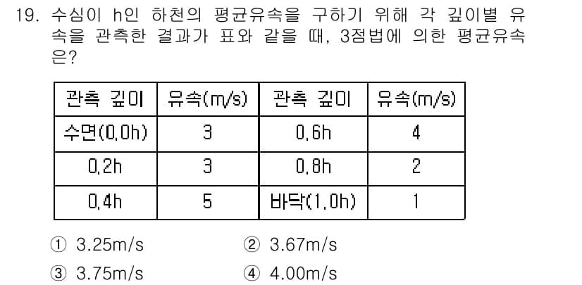 측량및지형공간정보산업기사 2019년 19번 - 주어진 데이터에서 수면에서부터의 유속 변화로 관측 깊이에 따른 유속을 확... 에 관한 핵심 기출문제