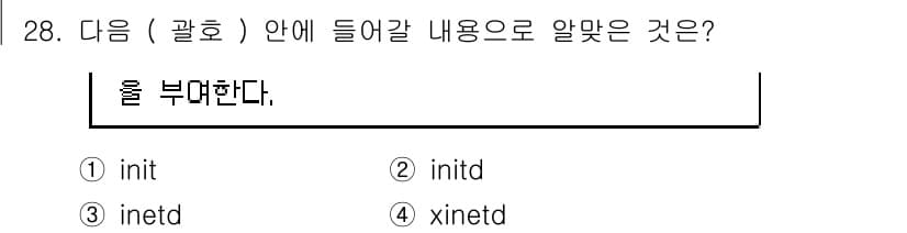 리눅스마스터_2급 2019년 28번 - . 

해설: "init"는 리눅스의 초기화 과정을 담당하는 프로세스이며... 에 관한 핵심 기출문제