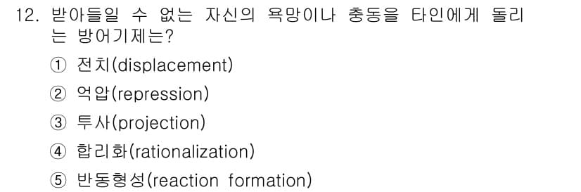 사회복지사_1급(1교시) 2020년 12번 - 정답은 3번 '투사(projection)'입니다. 투사는 개인이 자신의 ... 에 관한 핵심 기출문제