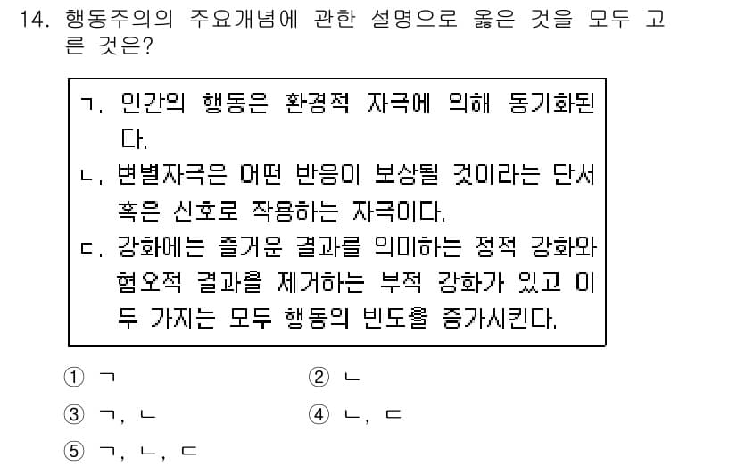 사회복지사_1급(1교시) 2020년 14번 - 정답이 5번인 이유는 행동주의가 환경적 자극에 의해 행동이 형성된다고 설... 에 관한 핵심 기출문제