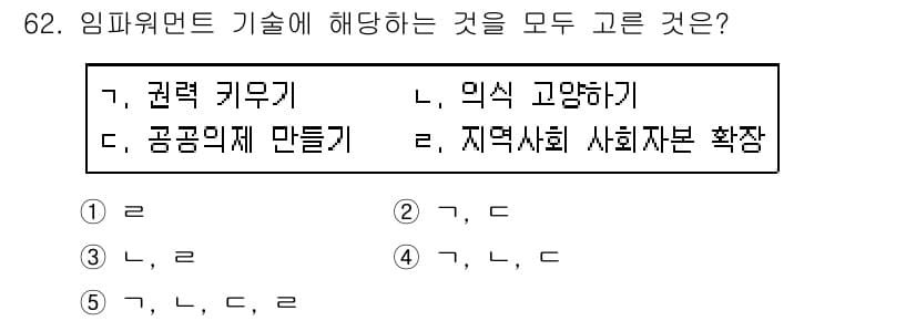 사회복지사_1급(2교시)(구) 2020년 62번 - 임파워먼트 기술은 개인이나 집단이 스스로 힘을 키우고 권한을 강화하는 데... 에 관한 핵심 기출문제