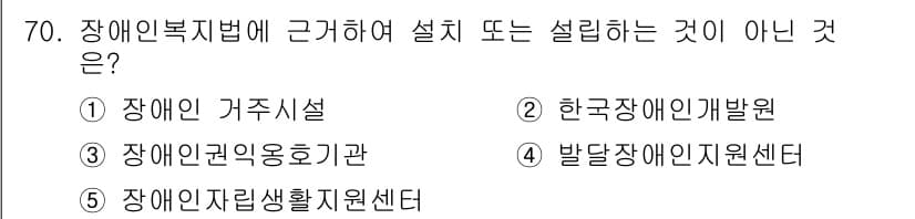 사회복지사_1급(3교시) 2020년 70번 - 장애인복지법에 근거하여 설치하는 것은 주로 정부와 관련 기관이 주관하는 ... 에 관한 핵심 기출문제