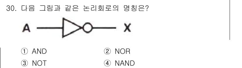 소방설비산업기사(전기) 2018년 30번 - 주어진 도식은 입력 A가 있고, 이를 반전시키는 NOT 게이트를 나타냅니... 에 관한 핵심 기출문제
