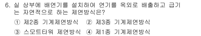 소방설비산업기사(전기) 2018년 6번 - 제2종 기계제연방식이 정답인 이유는, 이 방식은 자연적인 환기를 통해 연... 에 관한 핵심 기출문제